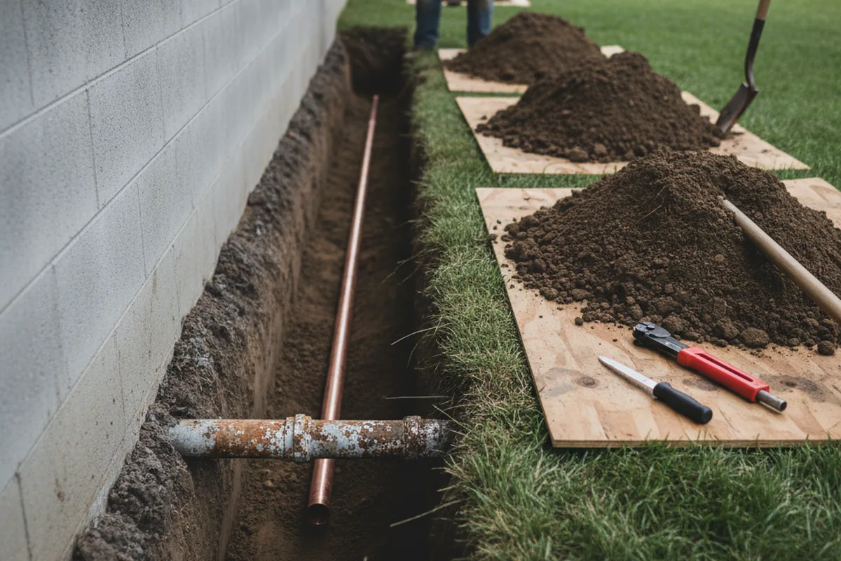 Excavated water line trench during Sewer Line Repair in Grimesland